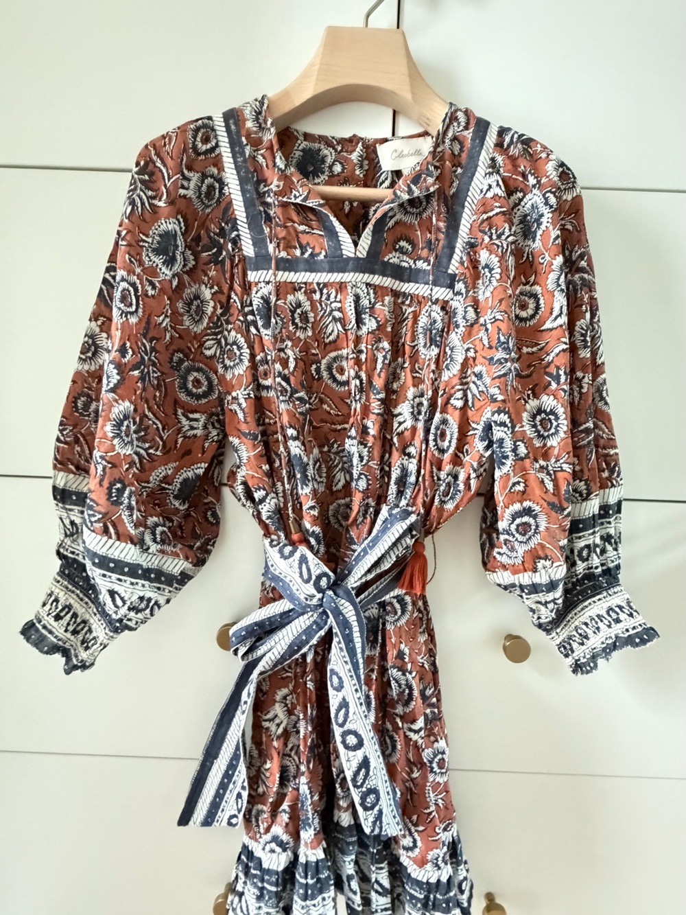 Cleobella Boho Floral Tie-Waist Dress in Rust and Navy